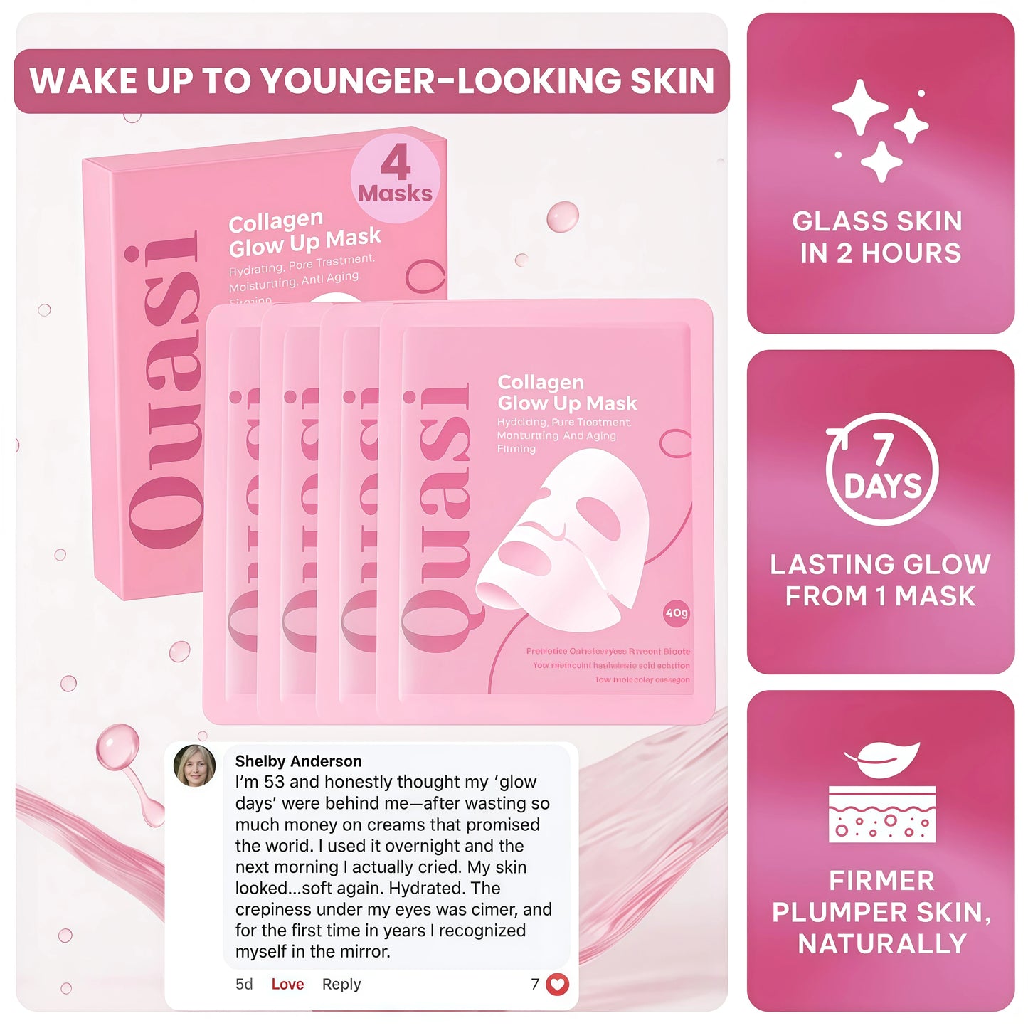 Collagen Glow Up Mask 2.0,Overnight – Hydrating Korean Sheet Mask,Firming & Smoothing Skincare for All Skin Types – 4 Masks