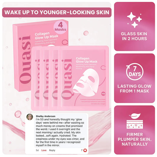 Collagen Glow Up Mask 2.0,Overnight – Hydrating Korean Sheet Mask,Firming & Smoothing Skincare for All Skin Types – 4 Masks